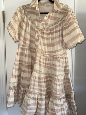 Anthropologie Cream and Light Brown Striped Tiered Dress